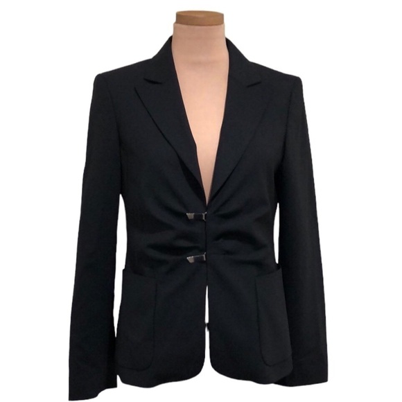 Piazza Sempione Blazer Size IT 44 US 8 Black Virgin Wool Ruched Front - Picture 1 of 13